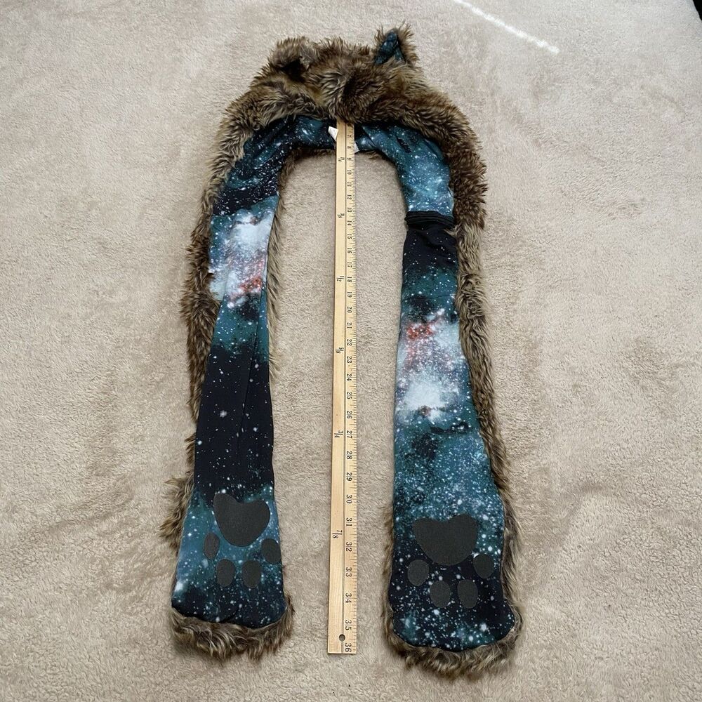 Wolf Faux Fur Animal Hood Hat One Size 3-in-1 Scarf Mittens Paws Rave Festival - Picture 12 of 12